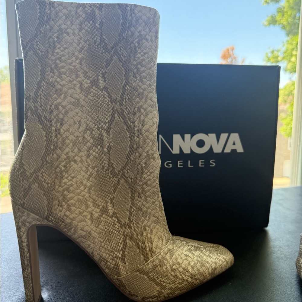 Fashion Nova Tan Heeled Boots with Snake Print
